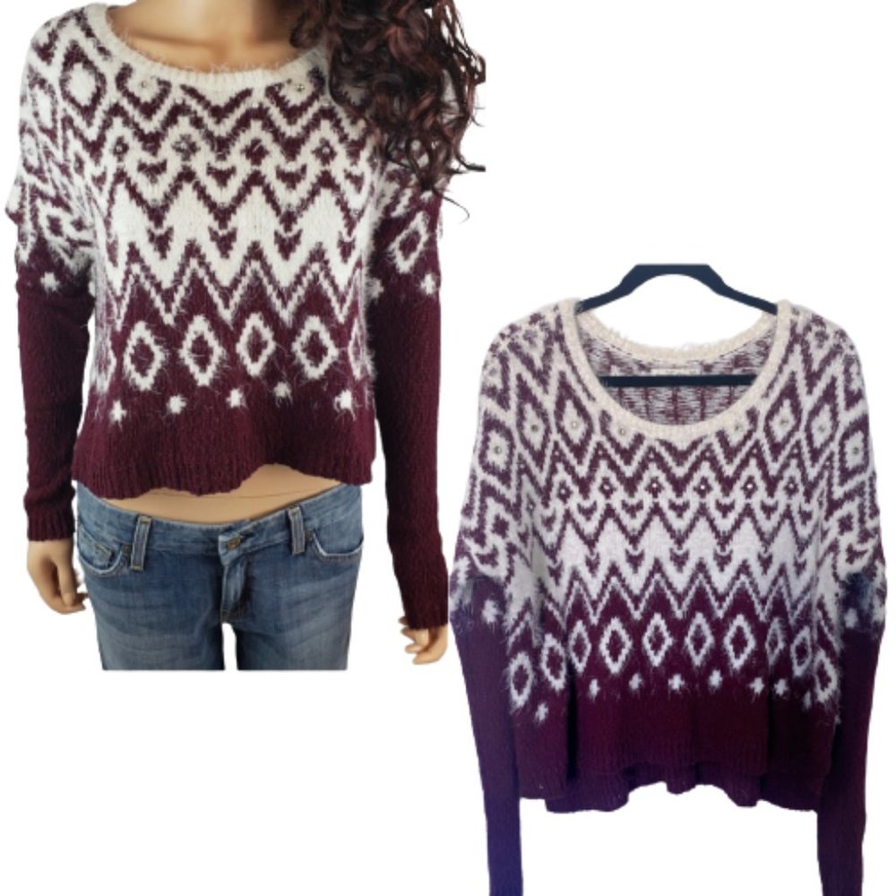 Abercrombie & Fitch Maroon Embellished Eyelash Knit Fuzzy Fair Isle Swea…